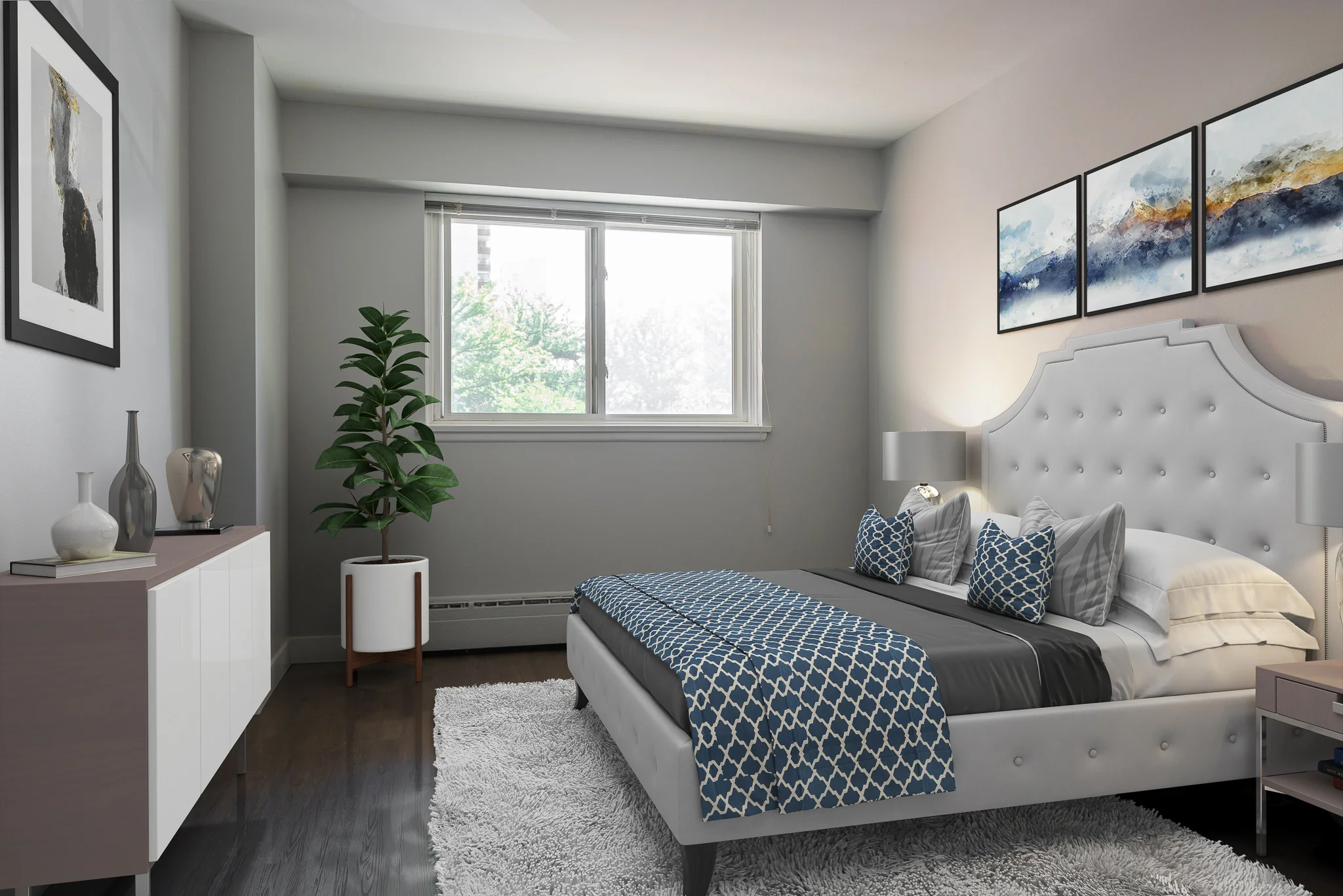 a bedroom in River Crescent apartments